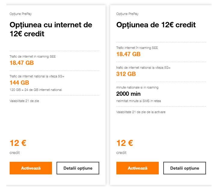 Opțiuni de 12euro valabile pentru prepay